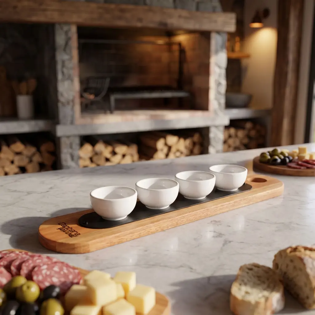 Tabla De Madera Baguette 60 Cm Con 4 Cuencos Redondos