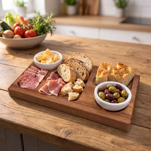 [EV023] Tabla De Picada En Mini Block 30X20 Cm Con Bowls De Cerámica